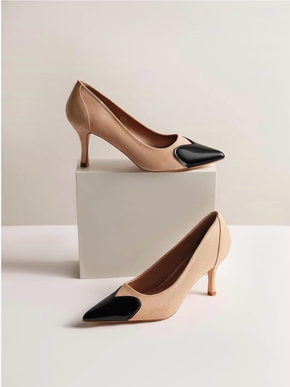 Cutco Beige Pumps with Black Patent Pointed Toe